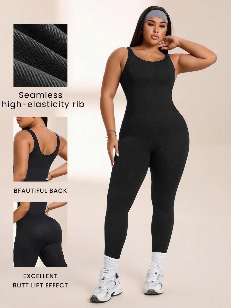 SHEIN Rhythm Era Women's Plus Size Solid Color Tank Top Style Sports Jumpsuit Gym Black Summer - Black - View 1
