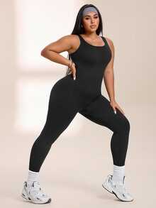 SHEIN Rhythm Era Women's Plus Size Solid Color Tank Top Style Sports Jumpsuit Gym Black Summer - Black - View 4