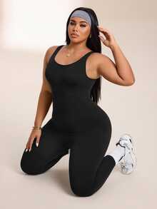 SHEIN Rhythm Era Women's Plus Size Solid Color Tank Top Style Sports Jumpsuit Gym Black Summer - Black - View 6