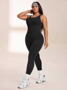SHEIN Rhythm Era Women's Plus Size Solid Color Tank Top Style Sports Jumpsuit Gym Black Summer - Black - View 3