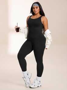 SHEIN Rhythm Era Women's Plus Size Solid Color Tank Top Style Sports Jumpsuit Gym Black Summer - Black - View 5