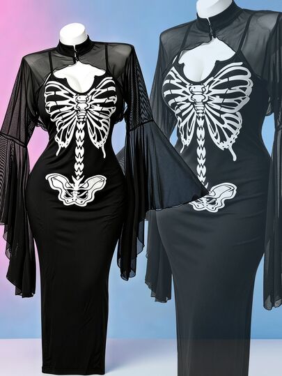 Sunspun Conjunto de 2 piezas para mujer talla grande con vestido de tirantes finos con estampado de esqueleto y top de malla, Día de Muertos, fiesta nocturna, negro, negro y blanco, estilo gótico, Halloween
