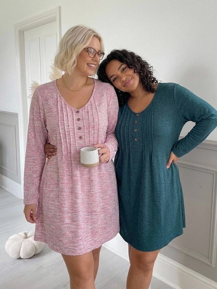 SHEIN CURVE+ Plus Size Women's Solid Color Casual Everyday Summer Dress Fall - Pink - View 5