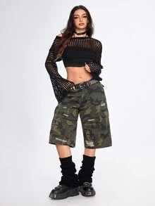 ROMWE Street Life Women's Denim Camo Shorts Street Style Hot Girl Military Cargo Multi-Pocket - Army Green - View 5