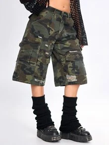 ROMWE Street Life Women's Denim Camo Shorts Street Style Hot Girl Military Cargo Multi-Pocket - Army Green - View 1
