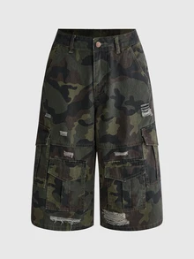 ROMWE Street Life Women's Denim Camo Shorts Street Style Hot Girl Military Cargo Multi-Pocket - Army Green - View 2
