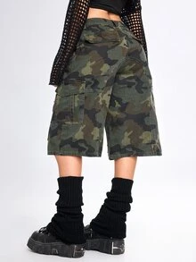 ROMWE Street Life Women's Denim Camo Shorts Street Style Hot Girl Military Cargo Multi-Pocket - Army Green - View 4