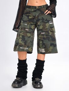 ROMWE Street Life Women's Denim Camo Shorts Street Style Hot Girl Military Cargo Multi-Pocket - Army Green - View 3