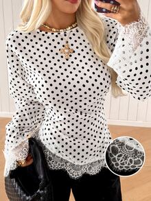 SHEIN EZwear Fall Clothes For Women Women's Elegant Commute Polka Dot Print Lace Patchwork Blouse - Apricot - View 8