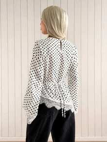 SHEIN EZwear Fall Clothes For Women Women's Elegant Commute Polka Dot Print Lace Patchwork Blouse - Apricot - View 3