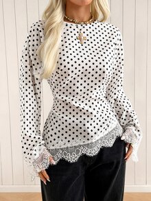 SHEIN EZwear Fall Clothes For Women Women's Elegant Commute Polka Dot Print Lace Patchwork Blouse - Apricot - View 4