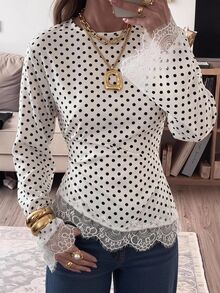 SHEIN EZwear Fall Clothes For Women Women's Elegant Commute Polka Dot Print Lace Patchwork Blouse - Apricot - View 2