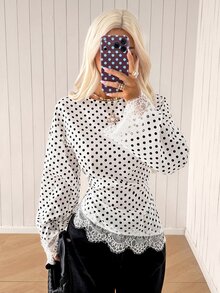 SHEIN EZwear Fall Clothes For Women Women's Elegant Commute Polka Dot Print Lace Patchwork Blouse - Apricot - View 6