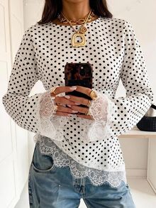 SHEIN EZwear Fall Clothes For Women Women's Elegant Commute Polka Dot Print Lace Patchwork Blouse - Apricot - View 11