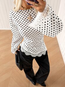 SHEIN EZwear Fall Clothes For Women Women's Elegant Commute Polka Dot Print Lace Patchwork Blouse - Apricot - View 7