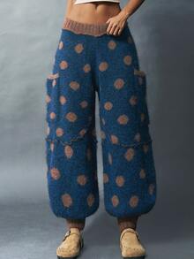 Bohemela Polka Dot Pattern Contrast Trim Patch Pocket Tapered Knit Pants - Blue - View 4