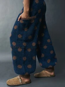 Bohemela Polka Dot Pattern Contrast Trim Patch Pocket Tapered Knit Pants - Blue - View 6