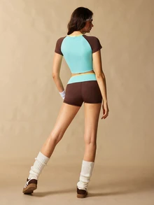 VARSIVA Women's Colorblock Short Sleeve Top And High Waist Shorts Casual 80s Sporty Daily Sports Activewear Set Gym Tennis Turquoise Shades Of Brown Summer - Blue - View 11