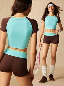 VARSIVA Women's Colorblock Short Sleeve Top And High Waist Shorts Casual 80s Sporty Daily Sports Activewear Set Gym Tennis Turquoise Shades Of Brown Summer - Blue - View 7