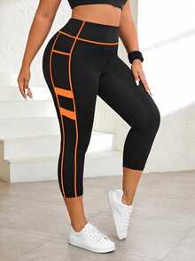 Rhythm Era Plus Size Contrast Color Elastic Phone Pocket Sports Leggings - Multicolor - View 5