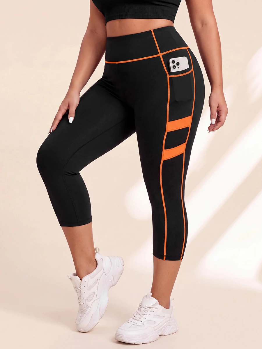 Rhythm Era Plus Size Contrast Color Elastic Phone Pocket Sports Leggings - Multicolor - View 1