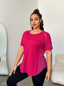SHEIN Rhythm Era 大码女式字母印花插肩袖短袖运动T恤健身衫 - 玫紅色 - 查看 4