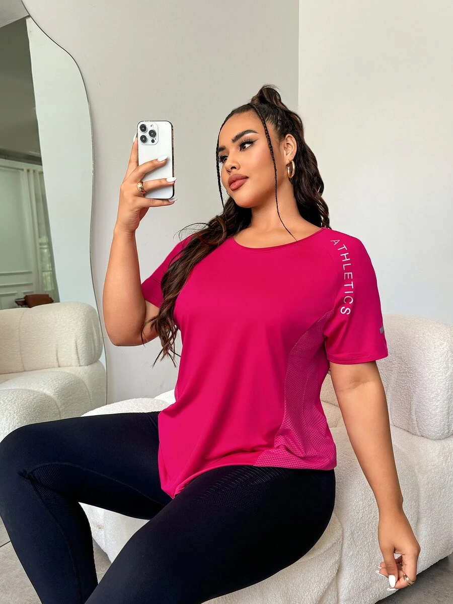 SHEIN Rhythm Era 大码女式字母印花插肩袖短袖运动T恤健身衫