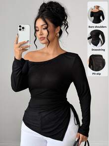 Elenzga Autumn New Black Sheer Ribbed Knit Open Shoulder Long Sleeve Drawstring Fashion Casual Sexy Women's T-Shirt Fall - Black - View 1
