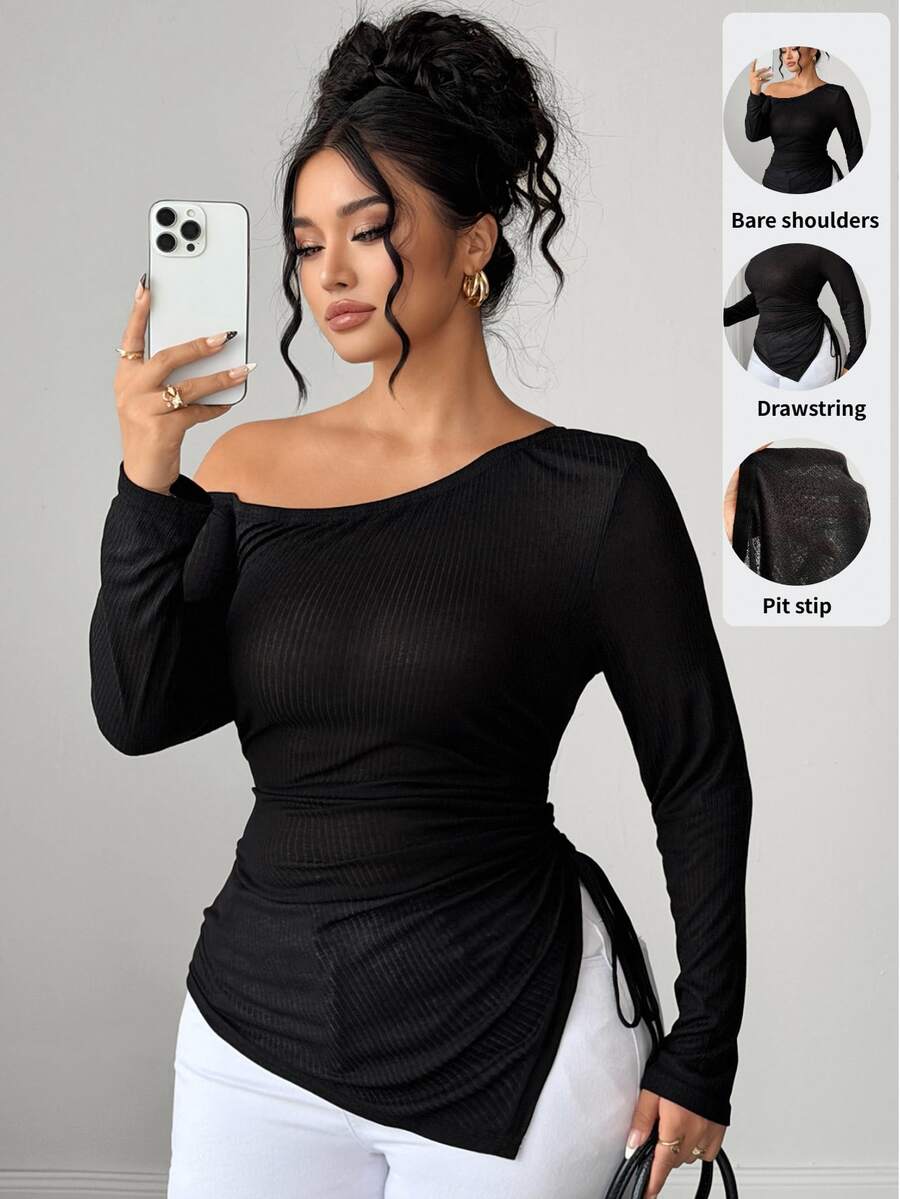 Elenzga Autumn New Black Sheer Ribbed Knit Open Shoulder Long Sleeve Drawstring Fashion Casual Sexy Women's T-Shirt Fall - Black - View 1