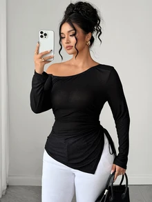 Elenzga Autumn New Black Sheer Ribbed Knit Open Shoulder Long Sleeve Drawstring Fashion Casual Sexy Women's T-Shirt Fall - Black - View 3
