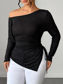 Elenzga Autumn New Black Sheer Ribbed Knit Open Shoulder Long Sleeve Drawstring Fashion Casual Sexy Women's T-Shirt Fall - Black - View 4