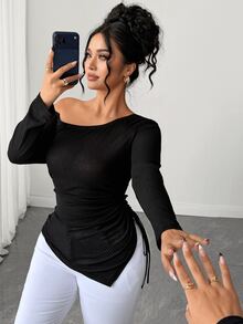 Elenzga Autumn New Black Sheer Ribbed Knit Open Shoulder Long Sleeve Drawstring Fashion Casual Sexy Women's T-Shirt Fall - Black - View 7