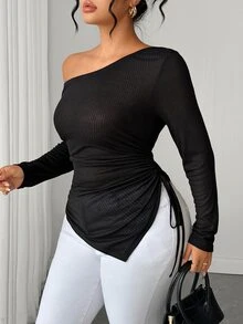 Elenzga Autumn New Black Sheer Ribbed Knit Open Shoulder Long Sleeve Drawstring Fashion Casual Sexy Women's T-Shirt Fall - Black - View 5