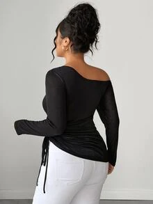 Elenzga Autumn New Black Sheer Ribbed Knit Open Shoulder Long Sleeve Drawstring Fashion Casual Sexy Women's T-Shirt Fall - Black - View 2