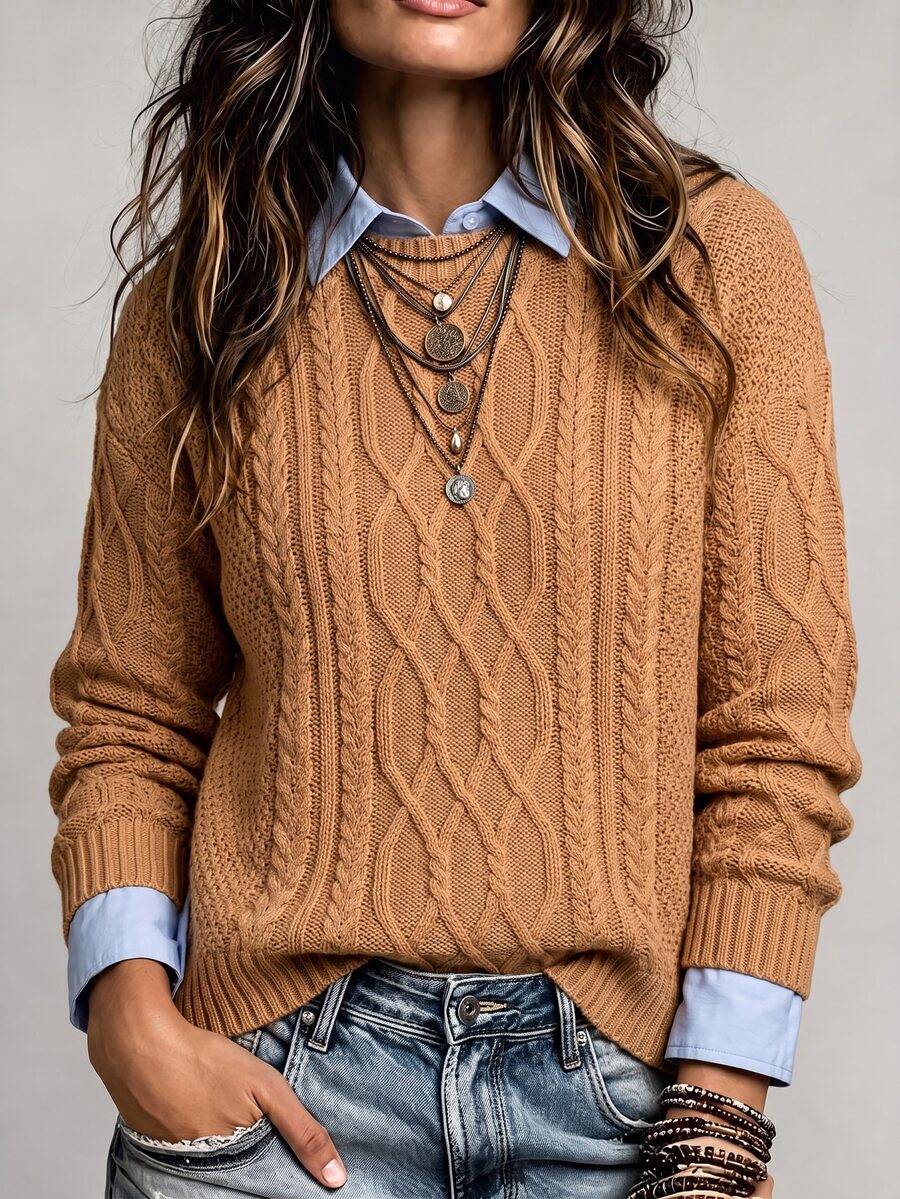 SHEIN LUNE Women's Casual Versatile Solid Color Crew Neck Sweater, Autumn/Winter Teachers' Day School Teaching Camel - Maroon - View 1