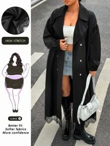 SHEIN CURVE+ 大尺碼黑色長版外套 極簡寬鬆哥德風休閒優雅日常外穿風衣 8XL 女款秋季正式外出辦公派對穿搭 - 黑色 - 查看 2