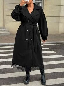 SHEIN CURVE+ 大尺碼黑色長版外套 極簡寬鬆哥德風休閒優雅日常外穿風衣 8XL 女款秋季正式外出辦公派對穿搭 - 黑色 - 查看 7