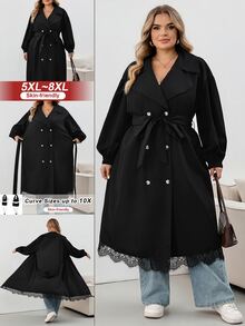 SHEIN CURVE+ 大尺碼黑色長版外套 極簡寬鬆哥德風休閒優雅日常外穿風衣 8XL 女款秋季正式外出辦公派對穿搭 - 黑色 - 查看 9