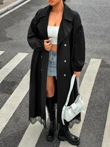SHEIN CURVE+ 大尺碼黑色長版外套 極簡寬鬆哥德風休閒優雅日常外穿風衣 8XL 女款秋季正式外出辦公派對穿搭 - 黑色 - 查看 6