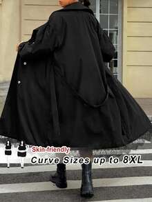 SHEIN CURVE+ 大尺碼黑色長版外套 極簡寬鬆哥德風休閒優雅日常外穿風衣 8XL 女款秋季正式外出辦公派對穿搭 - 黑色 - 查看 1