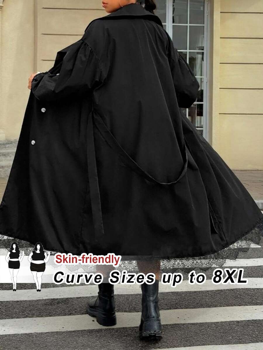 SHEIN CURVE+ 大尺碼黑色長版外套 極簡寬鬆哥德風休閒優雅日常外穿風衣 8XL 女款秋季正式外出辦公派對穿搭 - 黑色 - 查看 1