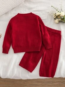 SHEIN 女嬰針織可愛3D蝴蝶結毛衣與長褲秋冬兩件套 - 紅色 - 查看 2