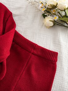 SHEIN 女嬰針織可愛3D蝴蝶結毛衣與長褲秋冬兩件套 - 紅色 - 查看 5