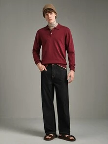 Calmiston Contains Wool Men's Solid Color Polo Collar Long Sleeve Casual Versatile Sweater Formal Old Money - Burgundy - View 6