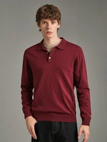 Calmiston Contains Wool Men's Solid Color Polo Collar Long Sleeve Casual Versatile Sweater Formal Old Money - Burgundy - View 10