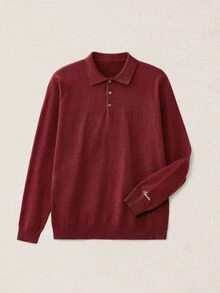 Calmiston Contains Wool Men's Solid Color Polo Collar Long Sleeve Casual Versatile Sweater Formal Old Money - Burgundy - View 4