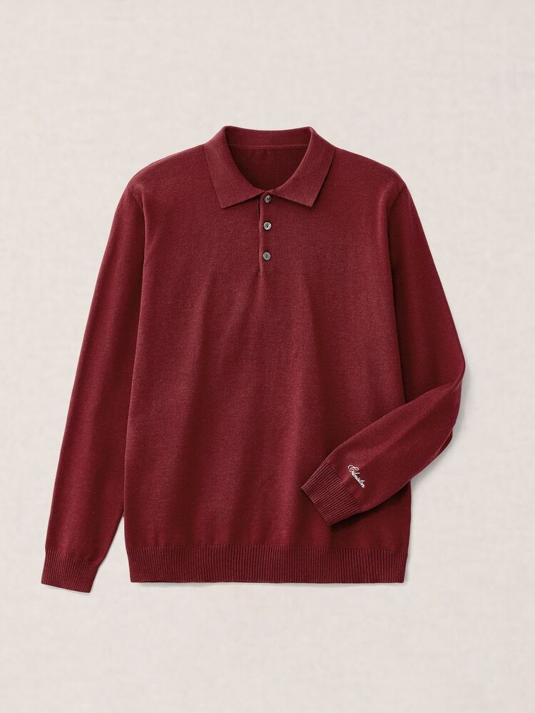 Calmiston Contains Wool Men's Solid Color Polo Collar Long Sleeve Casual Versatile Sweater Formal Old Money - Burgundy - View 3
