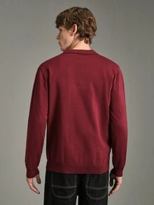 Calmiston Contains Wool Men's Solid Color Polo Collar Long Sleeve Casual Versatile Sweater Formal Old Money - Burgundy - View 7