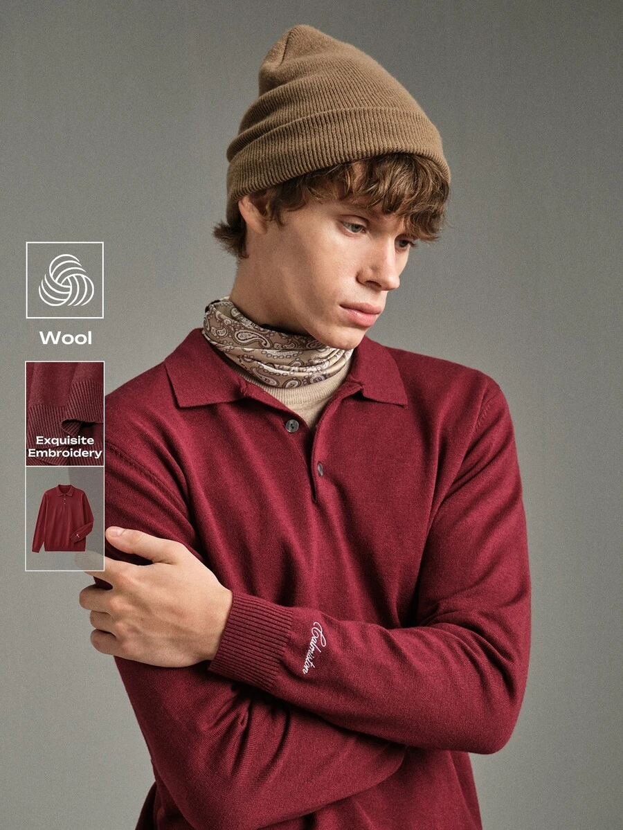 Calmiston Contains Wool Men's Solid Color Polo Collar Long Sleeve Casual Versatile Sweater Formal Old Money