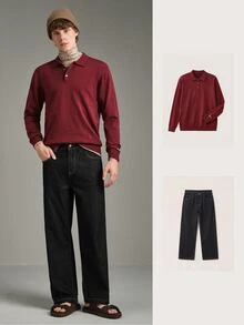 Calmiston Contains Wool Men's Solid Color Polo Collar Long Sleeve Casual Versatile Sweater Formal Old Money - Burgundy - View 8